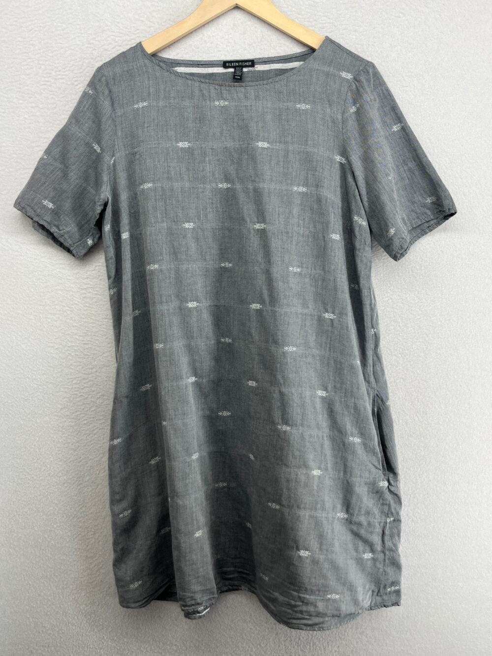EILEEN FISHER Dress M Southwestern Organic Cotton Jacquard Shift Tunic Gray USA